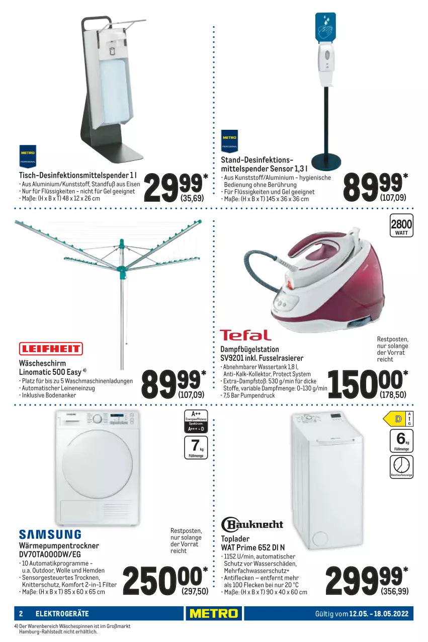 Aktueller Prospekt Metro - NonFood - von 12.05 bis 18.05.2022 - strona 2 - produkty: auto, bügel, Bügelstation, dampfbügelstation, Desinfektion, eis, Elektro, elektrogeräte, hemd, hemden, leine, rasierer, Ria, Ti, tisch, Toplader, Trockner, wärmepumpentrockner, wäscheschirm, wäschespinne, waschmaschine, waschmaschinen, wasser, wassertank, wolle