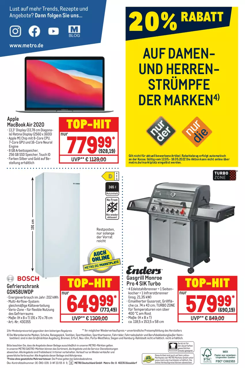 Aktueller Prospekt Metro - NonFood - von 12.05 bis 18.05.2022 - strona 20 - produkty: abholpreise, angebot, angebote, Apple, auer, auto, edelstahl, eis, elle, erde, Fahrrad, gasgrill, gefrierschrank, gin, grill, grillfläche, heimtextilien, ilag, kleid, Kleidung, Kocher, LG, mac, macbook, macbook air, Metro, metro gastro, preisvorteil, Rauch, regal, reis, rezept, rezepte, rwe, Schrank, schuhe, Sport, ssd, strümpfe, teller, Ti, tisch, top-hit