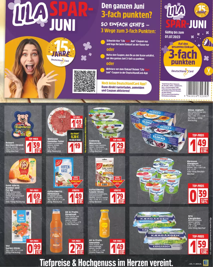 Aktueller Prospekt Edeka - Angebote der Woche - von 12.06 bis 17.06.2023 - strona 11 - produkty: albray, Becher, beutel, buch, coupon, deka, deutschlandcard, ehrmann, eier, eis, elinas, elinas joghurt, fol epi, frucht, gutschein, hirtenkäse, joghur, joghurt, joghurt nach, Käse, LG, mozzarella, nuss, regal, reinert, reis, rel, saft, saint albray, salami, salz, smoothie, Tchibo, tee, telefon, Ti, tiefpreis, top-preis, wiltmann