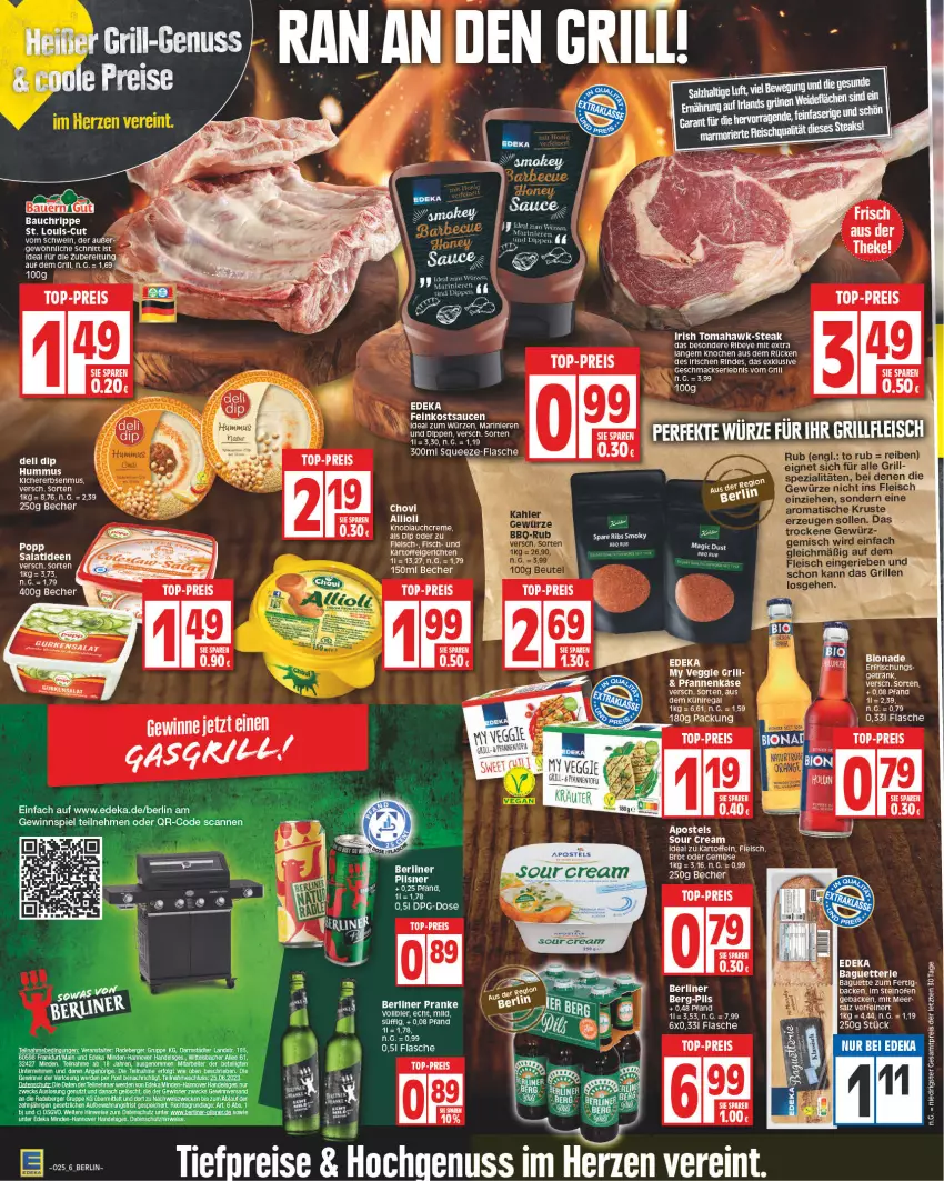 Aktueller Prospekt Edeka - Angebote der Woche - von 12.06 bis 17.06.2023 - strona 6 - produkty: aeg, auer, Bau, Bauer, bauern gut, Becher, Berger, bio, bionade, brot, creme, deka, dip, eis, erbsen, erde, feinkost, flasche, fleisch, geback, getränk, gewinnspiel, grill, hummus, kartoffel, Käse, kichererbsen, knoblauch, Knoblauchcreme, kühlregal, LG, mac, Ofen, pfanne, pfannen, pfannenkäse, radeberger, regal, reis, rind, sauce, saucen, sour cream, steak, steinofen, tee, Ti, Tofu, top-preis, weck