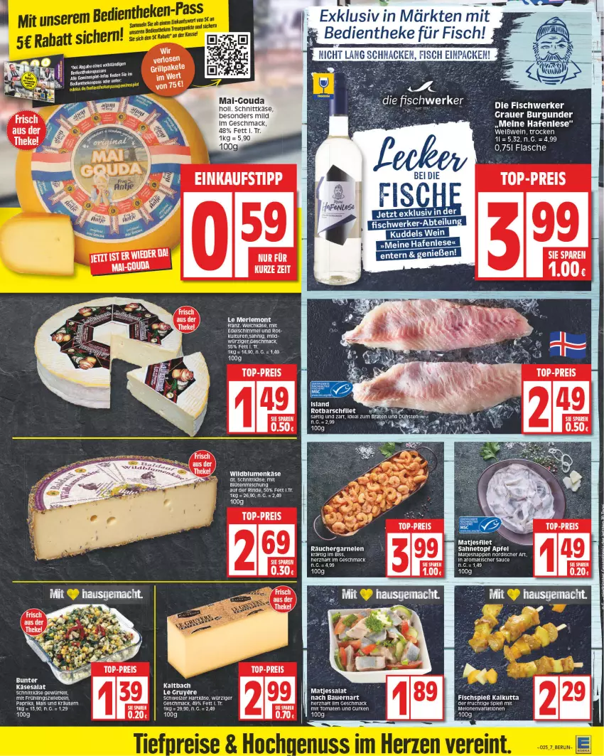 Aktueller Prospekt Edeka - Angebote der Woche - von 12.06 bis 17.06.2023 - strona 7 - produkty: Abtei, arla, auer, Bau, Bauer, bett, blume, blumen, Blüte, burgunder, eis, fisch, flasche, frucht, garnelen, gouda, grauer burgunder, gurke, gurken, hartkäse, Käse, mac, matjes, melone, melonen, merl, reis, rind, Rotbarsch, saft, salat, sauce, schnittkäse, Ti, tisch, tomate, tomaten, top-preis, wein, Weißwein, Wild, Wildblumenkäse