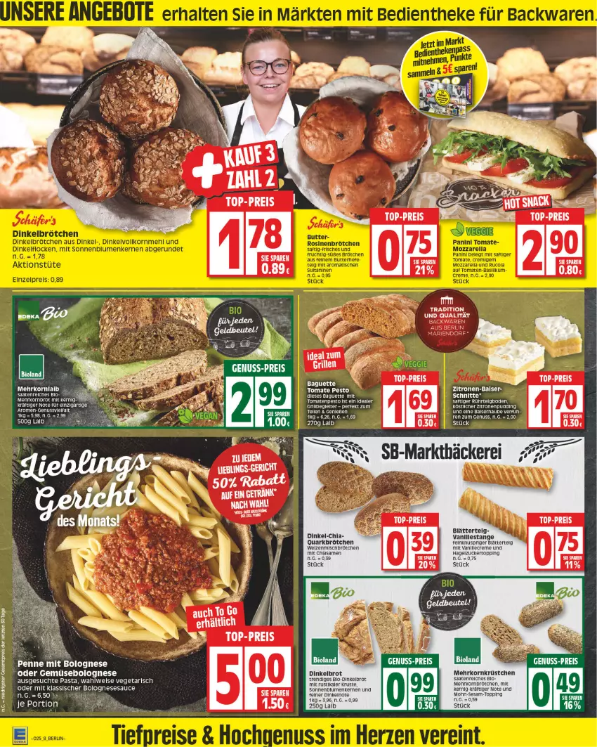 Aktueller Prospekt Edeka - Angebote der Woche - von 12.06 bis 17.06.2023 - strona 8 - produkty: baguette, bio, bioland, blätterteig, blume, blumen, bolognese, brot, brötchen, creme, Dinkelbrot, eis, getränk, grill, korn, Kornbrot, nuss, pasta, penne, pesto, pudding, quark, reis, rel, saft, sauce, sesam, sonnenblume, sonnenblumen, Sonnenblumenkerne, sonnenblumenkernen, Ti, tomate, top-preis, vanille, Vanillestange, Vegeta, zitrone, zitronen, ZTE, zucker