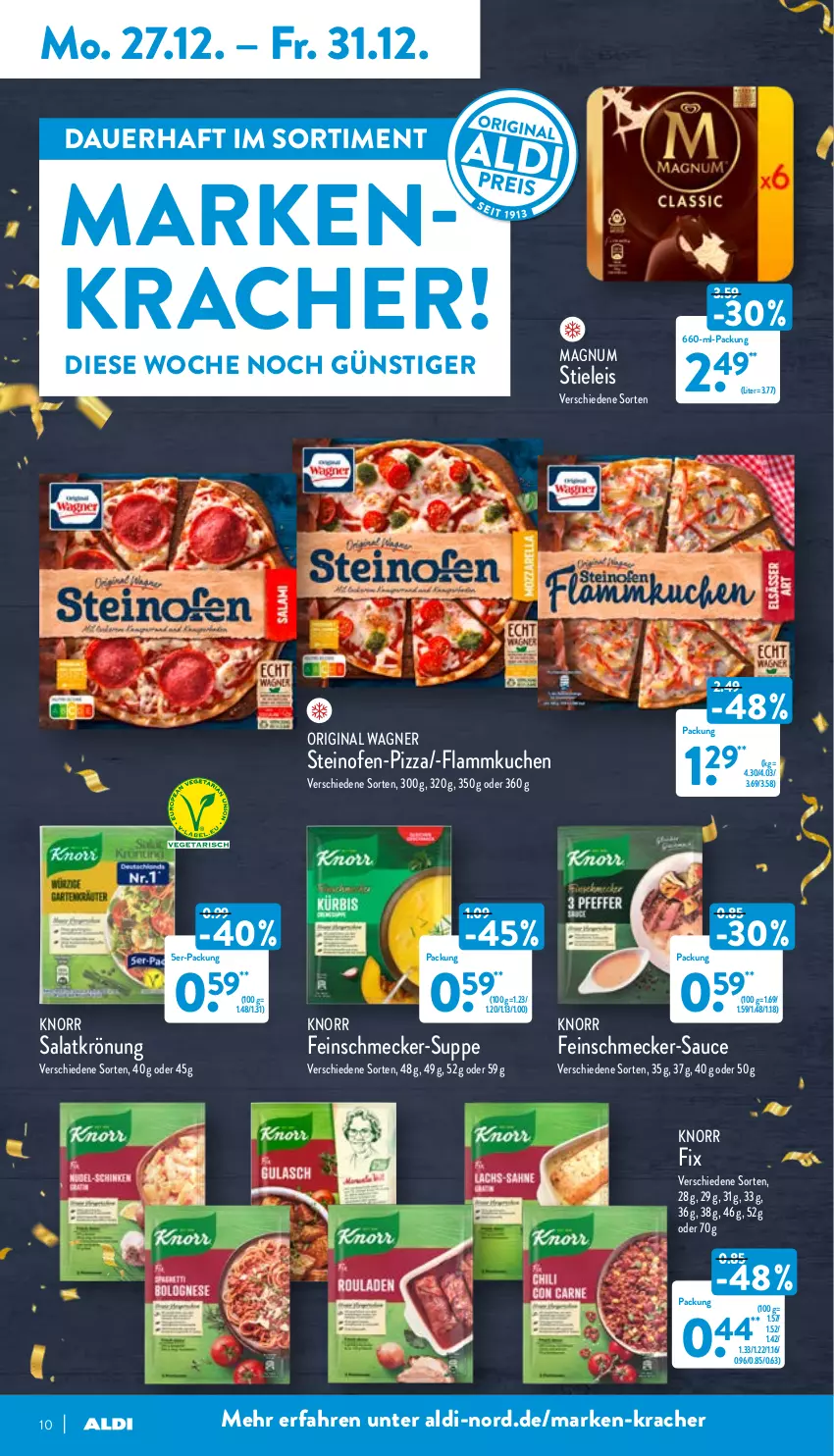 Aktueller Prospekt Aldi Nord - Aldi-Vorschau - von 27.12 bis 31.12.2021 - strona 10 - produkty: aldi, auer, eis, feinschmecker, flammkuchen, gin, knorr, knorr fix, kracher, kuchen, lamm, magnum, Ofen, original wagner, pizza, salat, salatkrönung, sauce, steinofen, stieleis, suppe, Ti, wagner