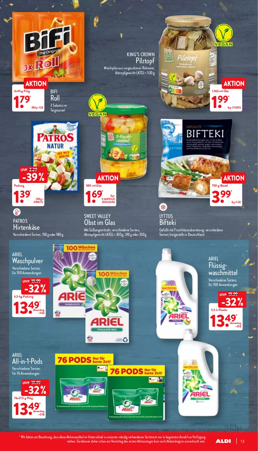 Aktueller Prospekt Aldi Nord - Aldi-Vorschau - von 27.12 bis 31.12.2021 - strona 13 - produkty: ariel, beutel, bifi, Bifteki, flasche, frischkäse, frischkäsezubereitung, gin, hirtenkäse, HP, Käse, Mantel, obst, patros, pilze, Pods, salami, salz, Ti, topf, waschmittel, Waschpulver, ZTE