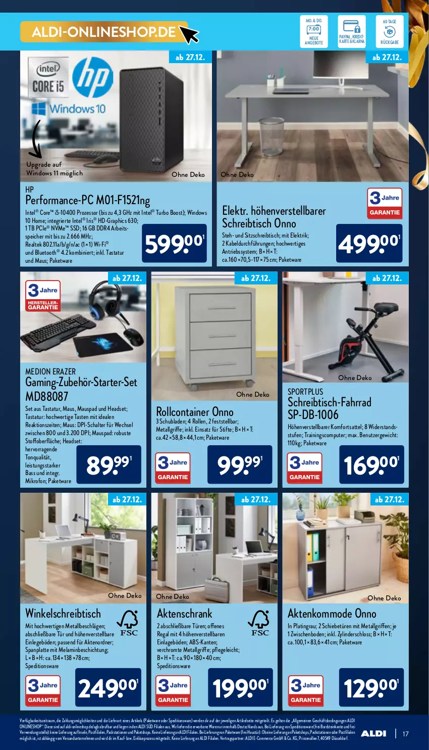 Aktueller Prospekt Aldi Nord - Aldi-Vorschau - von 27.12 bis 31.12.2021 - strona 17 - produkty: Aktenschrank, aldi, angebot, angebote, aust, computer, Container, eis, elle, erde, Fahrrad, Headset, HP, Intel, kommode, latte, LG, Liege, Maus, medion, Mode, ordner, pute, Razer, regal, rollcontainer, rwe, sattel, Schal, Schrank, schreibtisch, schubladen, Sport, ssd, stifte, Tastatur, Ti, tisch