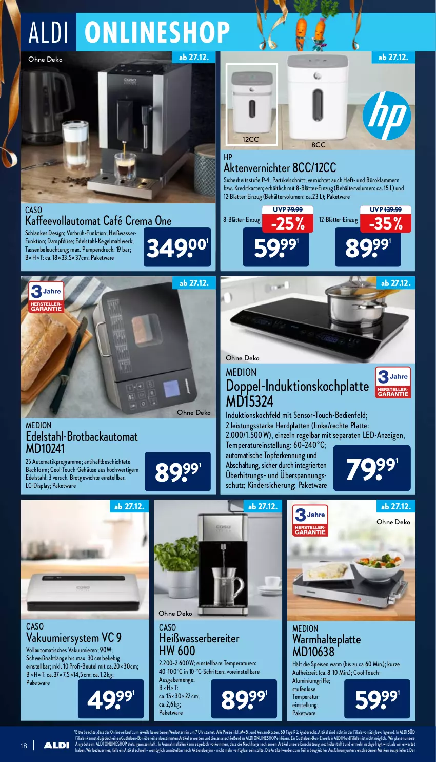 Aktueller Prospekt Aldi Nord - Aldi-Vorschau - von 27.12 bis 31.12.2021 - strona 18 - produkty: Aktenvernichter, aldi, angebot, angebote, auer, auto, Backform, Bau, Behälter, beleuchtung, beutel, brot, Brotbackautomat, edelstahl, eis, erde, gin, HP, induktionskochfeld, kaffee, kaffeevollautomat, Kinder, Klammern, kochfeld, lamm, latte, medion, ndk, reis, rwe, Schal, tasse, Ti, tisch, topf, uhr, wasser