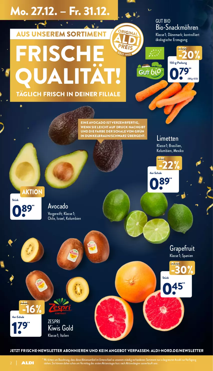 Aktueller Prospekt Aldi Nord - Aldi-Vorschau - von 27.12 bis 31.12.2021 - strona 2 - produkty: aldi, angebot, avocado, bio, braun, gin, grapefruit, kiwi, limette, limetten, Mett, metten, möhren, Schal, Schale, snack, Ti, trolli, zespri, ZTE