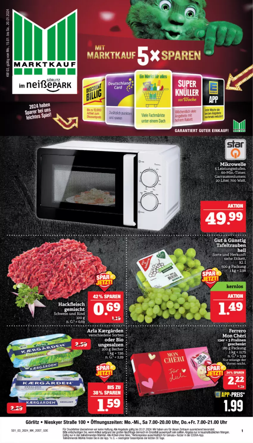 Aktueller Prospekt Marktkauf - Prospekt - von 14.01 bis 20.01.2024 - strona 1 - produkty: angebot, angebote, arla, eis, ferrero, fleisch, garraum, hackfleisch, pralinen, rind, salz, schwein, schwein und rind, tafeltrauben, Ti, timer, trauben, wein