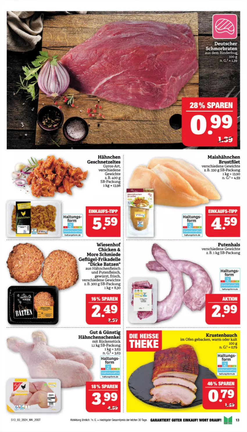 Aktueller Prospekt Marktkauf - Prospekt - von 14.01 bis 20.01.2024 - strona 13 - produkty: Bau, braten, brustfilet, dell, eis, elle, filet, fleisch, geback, geschnetzeltes, gewürz, gyros, Hähnchenfleisch, hähnchenschenkel, henkel, mais, Ofen, pute, Putenfleisch, reis, rind, rinder, schenkel, schmorbraten, Ti, wiesenhof, Zelt