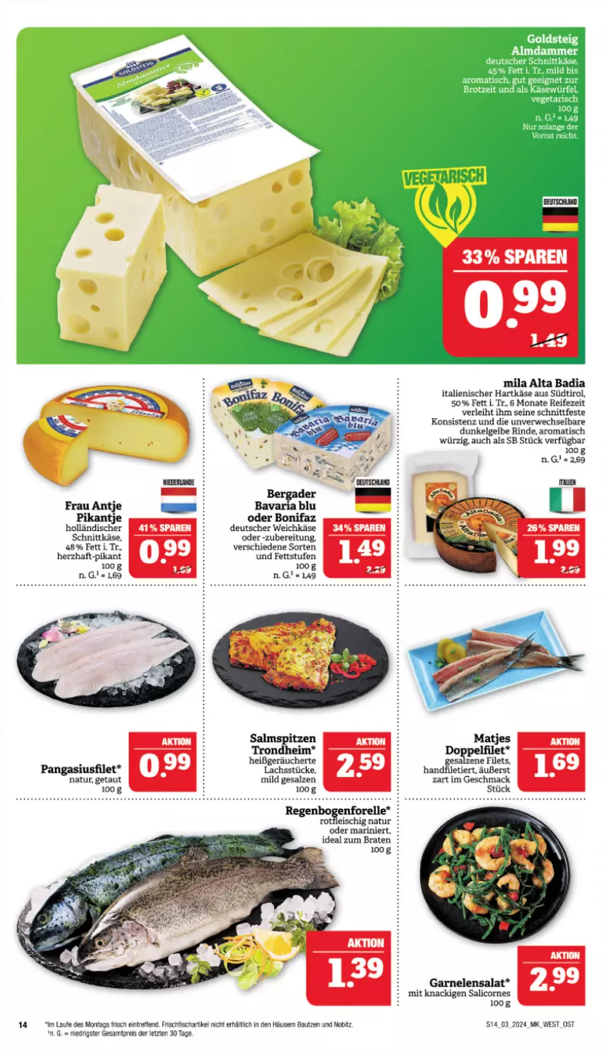 Aktueller Prospekt Marktkauf - Prospekt - von 14.01 bis 20.01.2024 - strona 14 - produkty: Bad, Bau, bavaria blu, bergader, braten, deutscher weichkäse, eis, elle, filet, filets, fisch, fleisch, forelle, frau antje, frischfisch, garnelen, hartkäse, ideal zum braten, italienischer hartkäse, Käse, lachs, LG, licor, mac, matjes, natur, Pangasius, reis, rel, Ria, rind, rwe, salat, salz, schnittkäse, Ti, tisch, weichkäse, ZTE