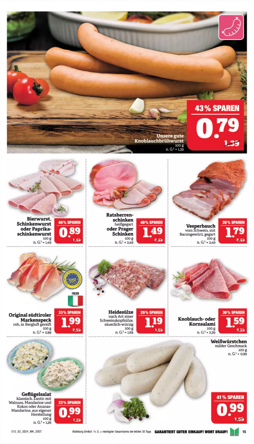 Aktueller Prospekt Marktkauf - Prospekt - von 14.01 bis 20.01.2024 - strona 15 - produkty: ananas, bacon, Bau, bier, Brühwurst, eis, Geflügel, geflügelsalat, gewürz, gin, knoblauch, Knoblauchbrühwurst, kokos, korn, mac, mandarine, nuss, paprika, reis, salami, salat, schinken, schinkenwurst, schwein, Speck, südtiroler, Ti, walnuss, wein, wurst, würstchen, ZTE