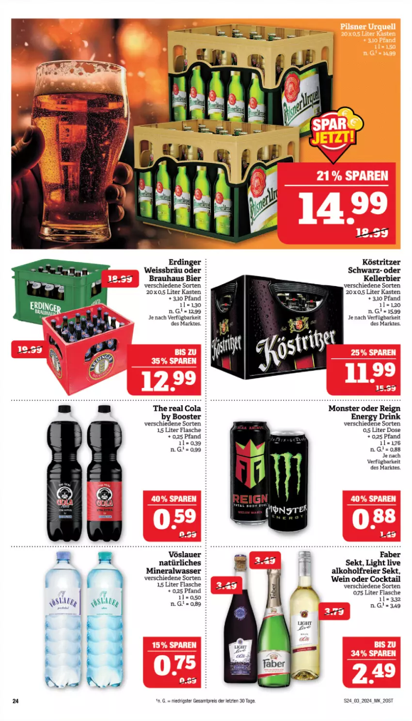 Aktueller Prospekt Marktkauf - Prospekt - von 14.01 bis 20.01.2024 - strona 24 - produkty: alkohol, Alwa, auer, bier, cocktail, cola, drink, eier, eis, elle, energy drink, erdinger, flasche, kellerbier, köstritzer, mineralwasser, monster, reis, sekt, vöslauer, wasser, wein, ZTE