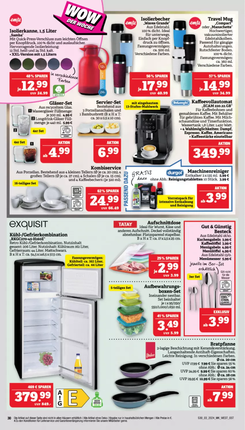 Aktueller Prospekt Marktkauf - Prospekt - von 14.01 bis 20.01.2024 - strona 30 - produkty: aufschnitt, auto, bambus, Bau, Becher, Behälter, besteck, bohne, bohnen, bratpfanne, decke, Deckel, drink, edelstahl, eis, elle, entkalker, espresso, gabel, gefrierkombination, Gläser, isolierbecher, isolierkanne, kaffee, kaffeebecher, kaffeebohnen, kaffeevollautomat, Käse, Kombiservice, leine, Löffel, maschinenreiniger, milch, pfanne, reiniger, Reinigung, reis, rwe, Schal, Schale, tablet, tablett, Tablette, teller, Ti, timer, travel mug, usb, wasser, wassertank, weber, wurst