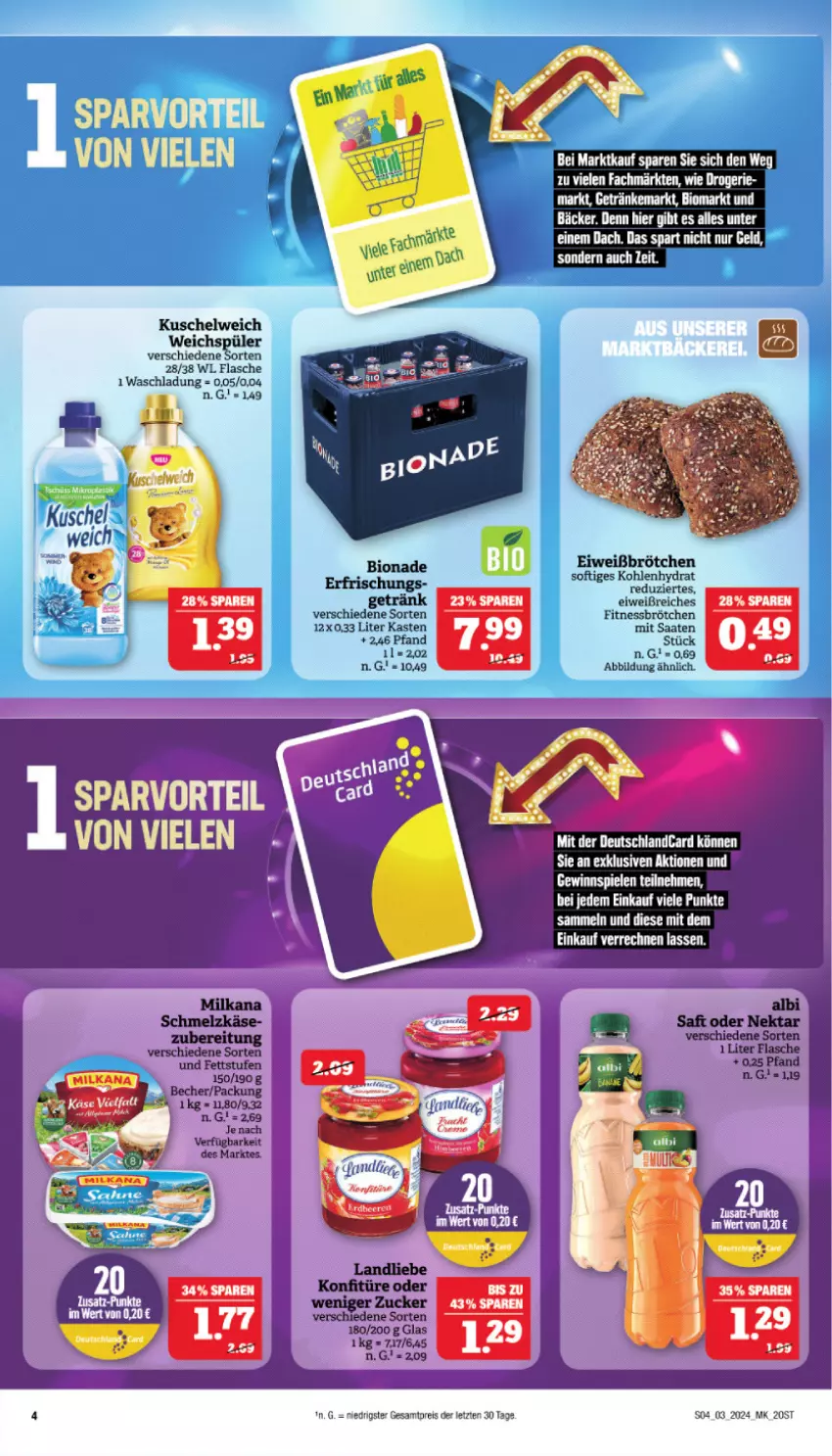 Aktueller Prospekt Marktkauf - Prospekt - von 14.01 bis 20.01.2024 - strona 4 - produkty: bio, bionade, brötchen, eis, Fitnessbrötchen, flasche, getränk, getränke, gewinnspiel, Kuschelweich, reis, Spiele, Ti, weichspüler, ZTE