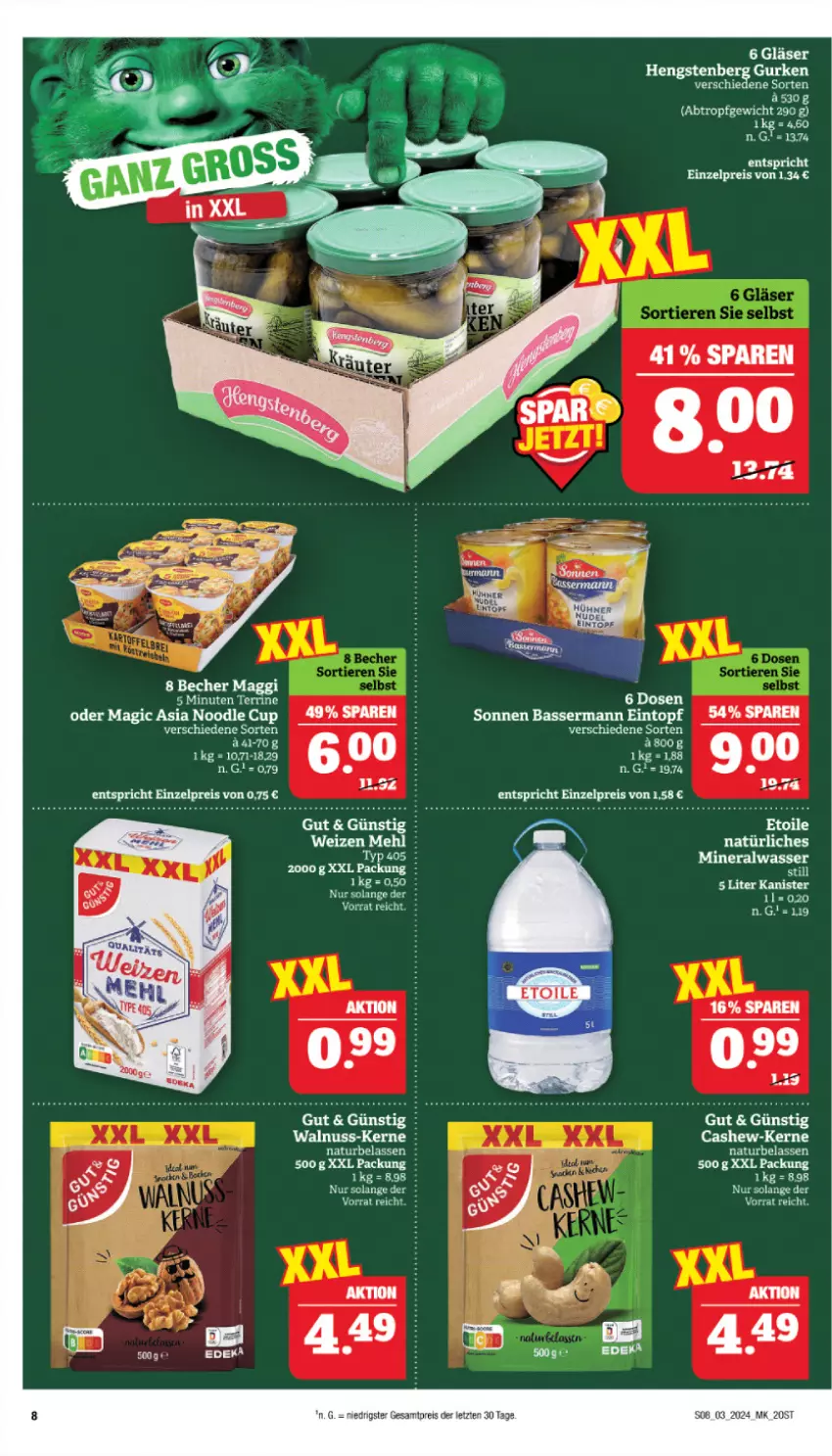 Aktueller Prospekt Marktkauf - Prospekt - von 14.01 bis 20.01.2024 - strona 8 - produkty: Alwa, Becher, Cashew, eintopf, eis, ente, Gläser, gurke, gurken, hengstenberg, Hengstenberg Gurken, maggi, mineralwasser, natur, natürliches mineralwasser, nuss, reis, terrine, Ti, topf, walnuss, wasser, ZTE