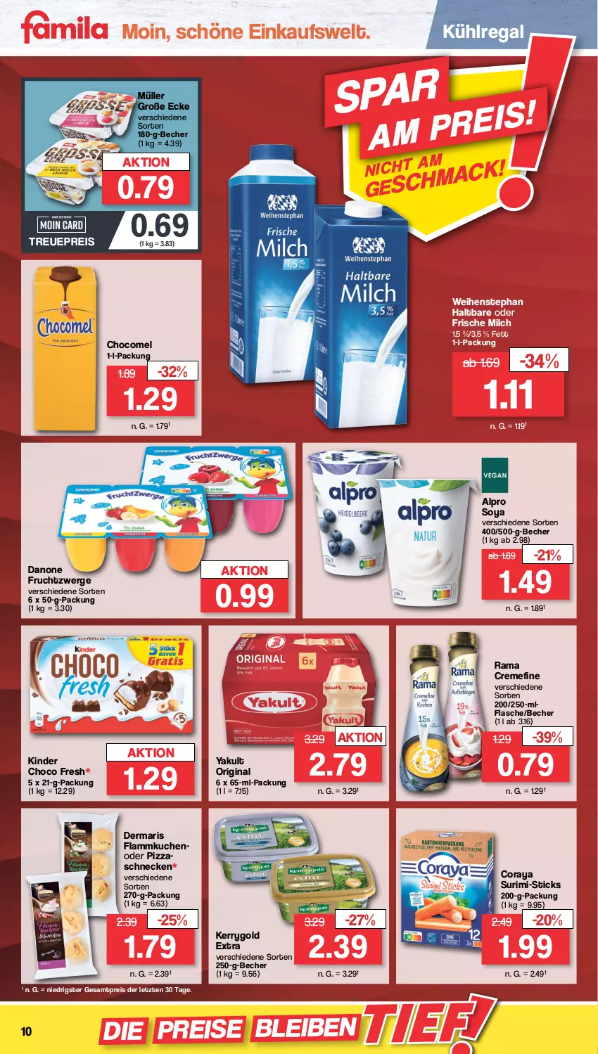 Aktueller Prospekt Famila - Prospekte - von 04.10 bis 08.10.2022 - strona 10 - produkty: alpro, Becher, choco fresh, creme, danone, danone fruchtzwerge, eis, flammkuchen, flasche, frische milch, frucht, fruchtzwerge, gin, kerrygold, kerrygold extra, Kinder, Kinder Choco fresh, kuchen, kühlregal, lamm, milch, Müller, pizza, rama, rama cremefine, regal, reis, soya, Ti, weihenstephan, ZTE