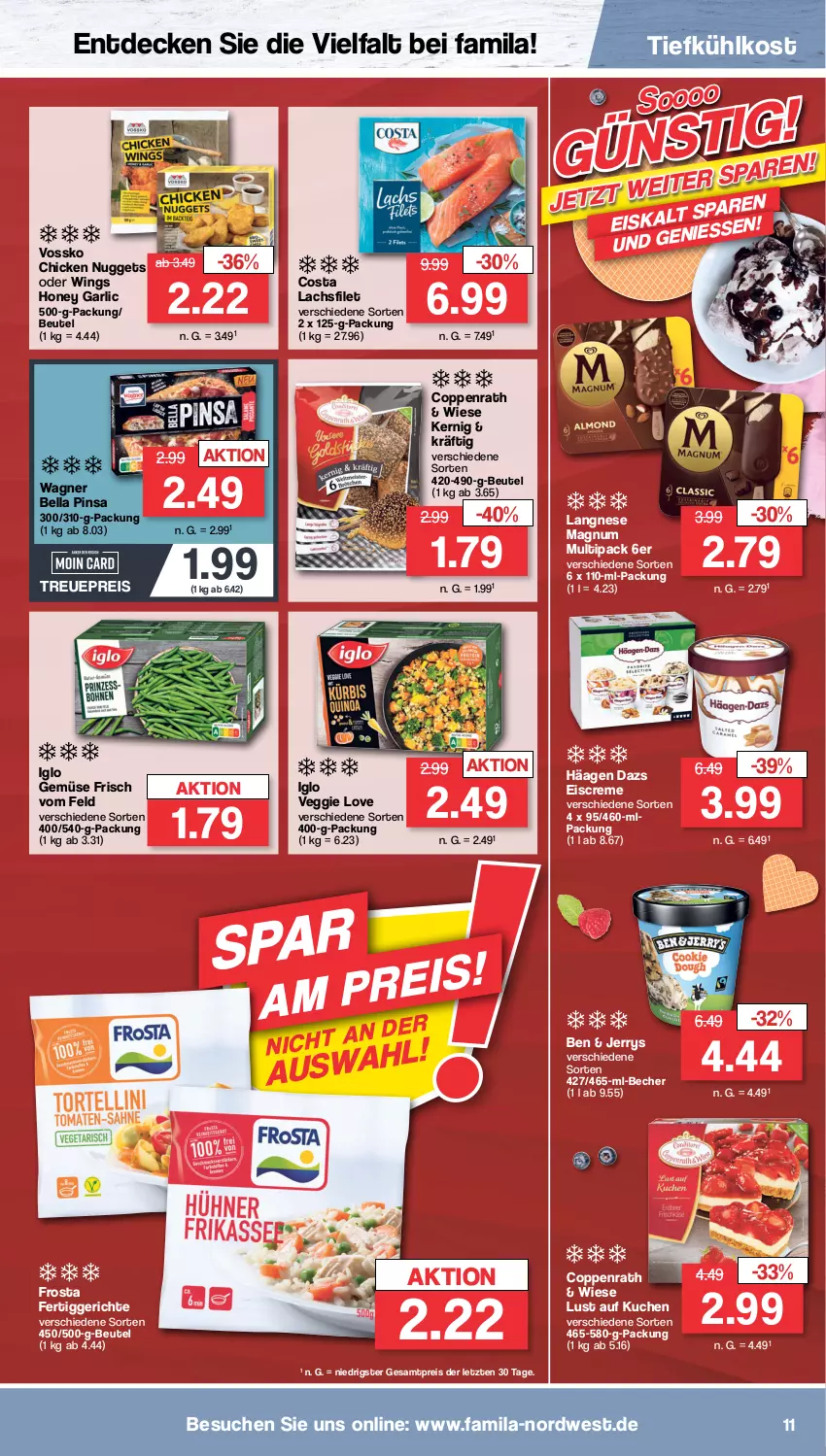 Aktueller Prospekt Famila - Prospekte - von 04.10 bis 08.10.2022 - strona 11 - produkty: Becher, beutel, chicken nuggets, coppenrath, creme, decke, eis, eiscreme, fertiggericht, fertiggerichte, filet, frosta, iglo, kuchen, lachs, lachsfilet, langnese, Lust auf Kuchen, magnum, nuggets, reis, Ti, tiefkühlkost, veggie, Veggie Love, vossko, wagner, ZTE