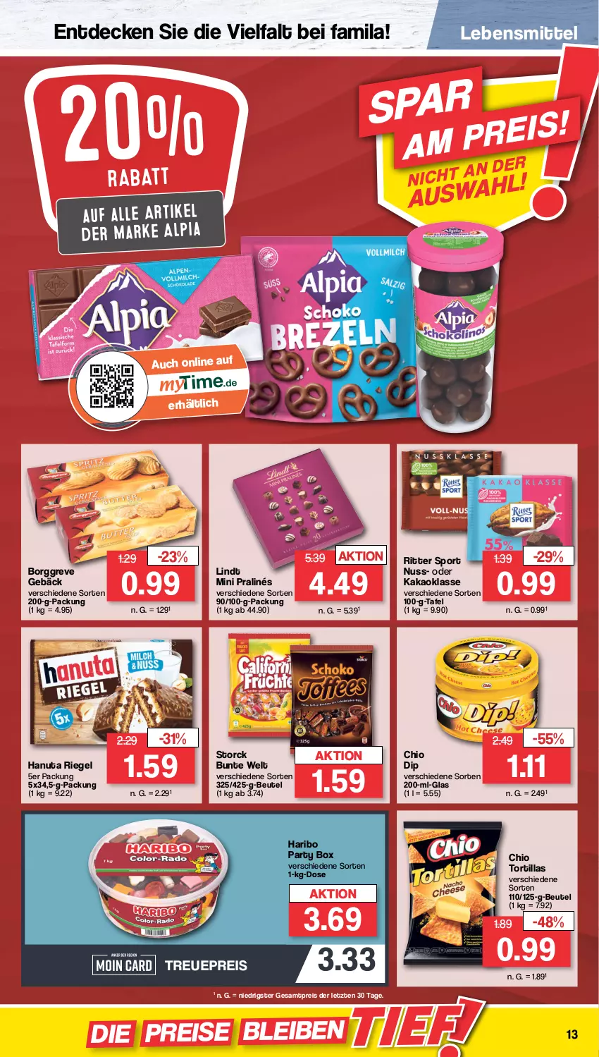 Aktueller Prospekt Famila - Prospekte - von 04.10 bis 08.10.2022 - strona 13 - produkty: alpia, beutel, decke, dip, eis, hanuta, haribo, kakao, lebensmittel, lindt, mini pralinés, nuss, reis, riegel, ritter, ritter sport, Sport, storck, Ti, tortilla, tortillas, ZTE