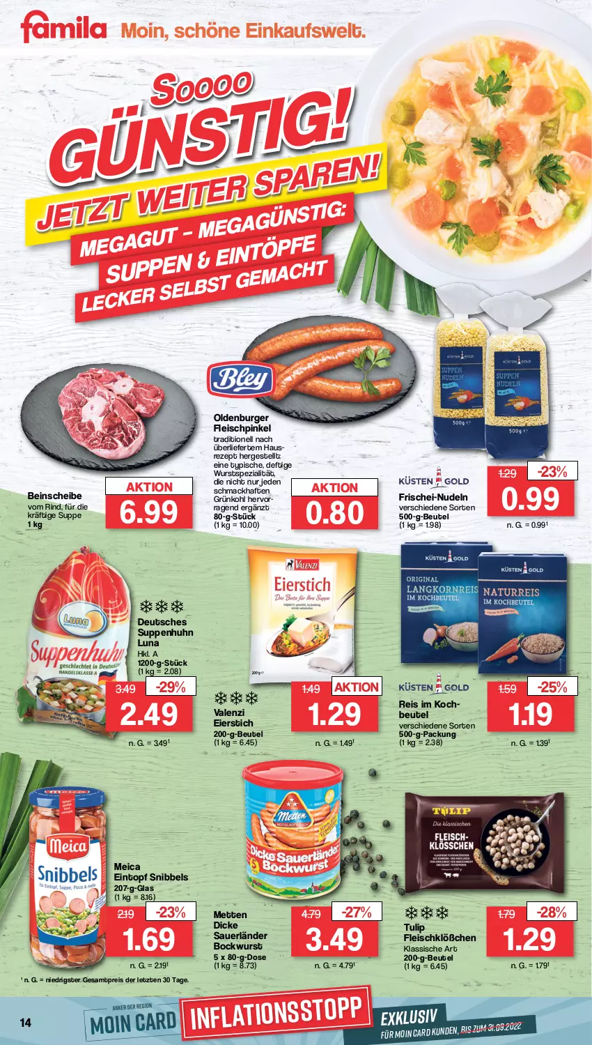 Aktueller Prospekt Famila - Prospekte - von 04.10 bis 08.10.2022 - strona 14 - produkty: auer, beutel, bockwurst, burger, Dicke Sauerländer Bockwurst, eier, eintopf, eis, fleisch, frischei-nudeln, HP, kochbeutel, mac, meica, Mett, metten, nudel, nudeln, reis, rezept, rind, Spezi, suppe, suppen, Suppenhuhn, Ti, topf, tulip, wurst, ZTE