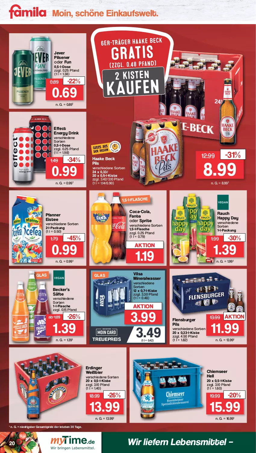 Aktueller Prospekt Famila - Prospekte - von 04.10 bis 08.10.2022 - strona 20 - produkty: Alwa, bier, burger, coca-cola, cola, drink, Effect, eis, eistee, energy drink, erdinger, fanta, fanta oder, fanta oder sprite, flasche, flensburger, Happy Day, jever, jever pilsener, lebensmittel, mineralwasser, oder sprite, pfanne, Pfanner, pils, pilsener, Rauch, reis, säfte, sprite, tee, Ti, vilsa, wasser, ZTE