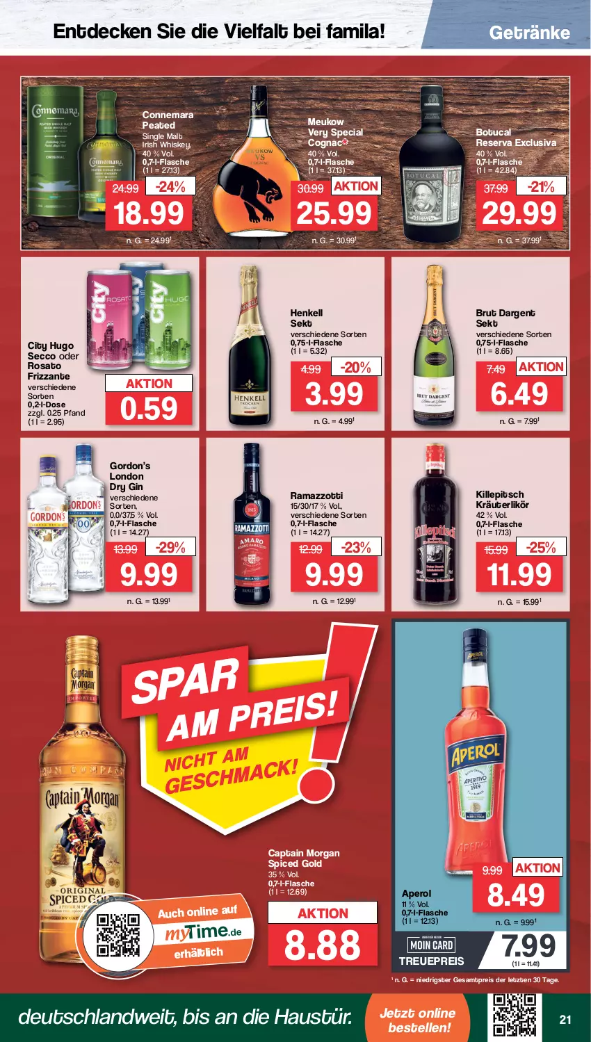 Aktueller Prospekt Famila - Prospekte - von 04.10 bis 08.10.2022 - strona 21 - produkty: aperol, aust, brut, brut dargent, Cap, captain morgan, Cognac, decke, dry gin, ecco, eis, elle, flasche, frizzante, getränk, getränke, gin, gordon, Gordon’s, henkel, henkell, henkell sekt, hugo, irish whiskey, kräuter, kräuterlikör, likör, london dry, london dry gin, rama, ramazzott, ramazzotti, reis, rosato, sekt, single malt, Ti, tuc, whiskey, zott, ZTE