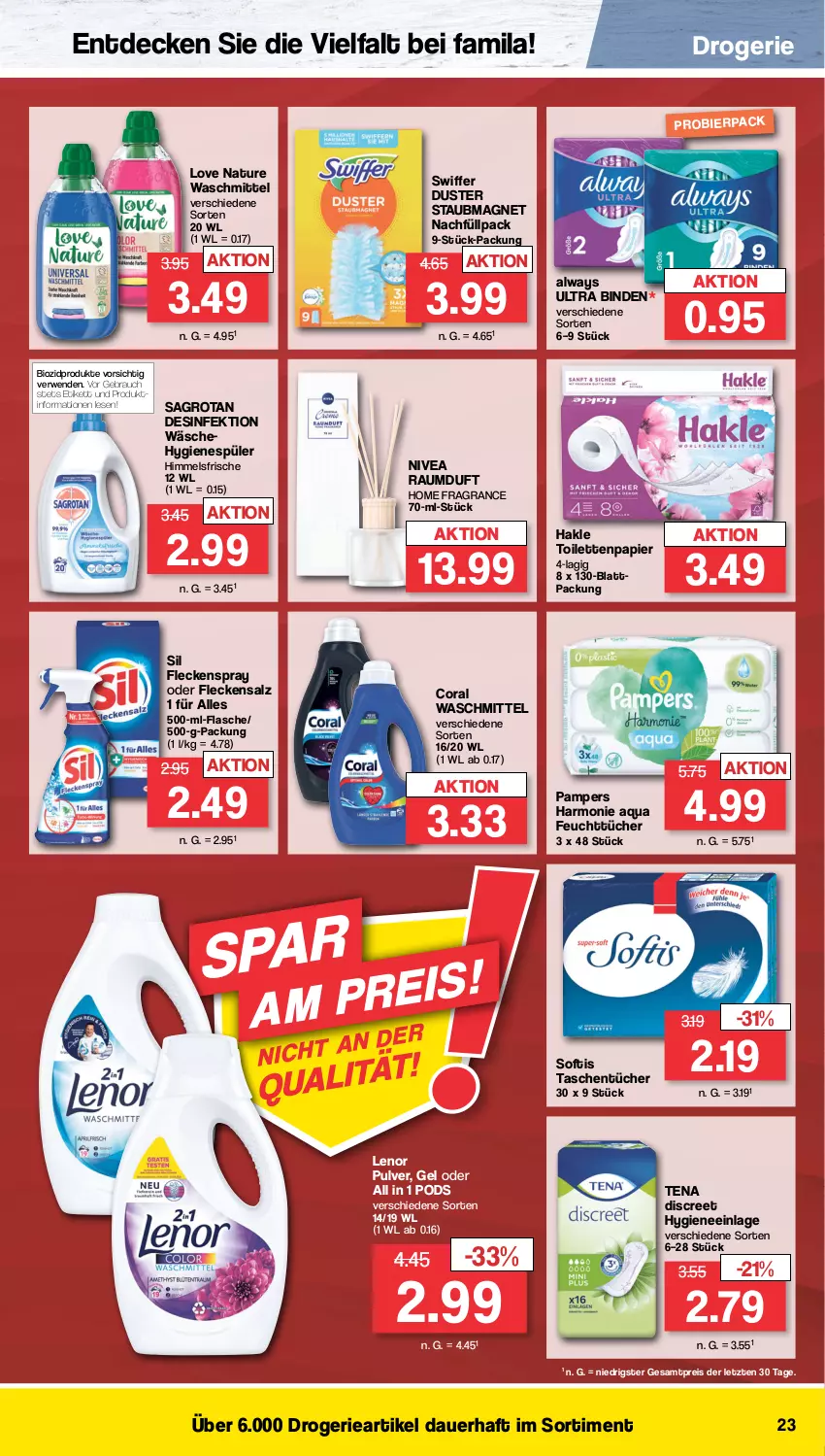 Aktueller Prospekt Famila - Prospekte - von 04.10 bis 08.10.2022 - strona 23 - produkty: Alwa, Always, aqua, auer, binden, bio, biozidprodukte, Coral, decke, Desinfektion, Discreet, eis, feuchttücher, flasche, hakle, hakle toilettenpapier, hygienespüler, lenor, natur, nivea, pampers, papier, Pods, Rauch, Raumduft, reis, rwe, sagrotan, salz, staubmagnet, swiffer, Tasche, taschen, taschentücher, Ti, toilettenpapier, tücher, waschmittel, ZTE