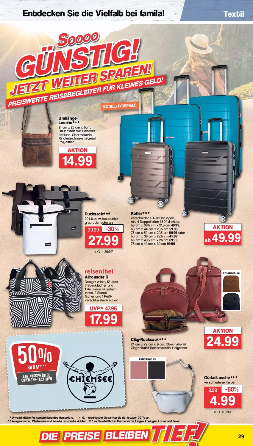 Aktueller Prospekt Famila - Prospekte - von 04.10 bis 08.10.2022 - strona 29 - produkty: decke, eis, elle, gürteltasche, koffer, Mode, reis, reiss, Ria, rind, rucksack, sac, Tasche, teller, Ti, ZTE