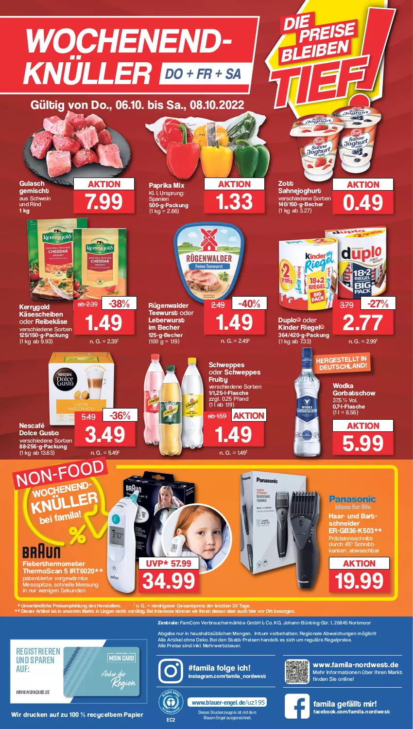 Aktueller Prospekt Famila - Prospekte - von 04.10 bis 08.10.2022 - strona 36 - produkty: auer, bartschneider, Becher, dolce gusto, drucker, duplo, eis, elle, Engel, Fieberthermometer, flasche, Gorbatschow, gulasch, joghur, joghurt, Käse, käsescheiben, kerrygold, kerze, Kinder, kinder riegel, leberwurst, LG, ndk, Nescafé, papier, paprika, paprika mix, Rauch, regal, Reibekäse, reis, riegel, rind, rügenwalder, rwe, sahne, Sahnejoghurt, schwein, schwein und rind, schweppes, tee, teewurst, teller, thermometer, Ti, wein, wodka, wurst, zott, ZTE