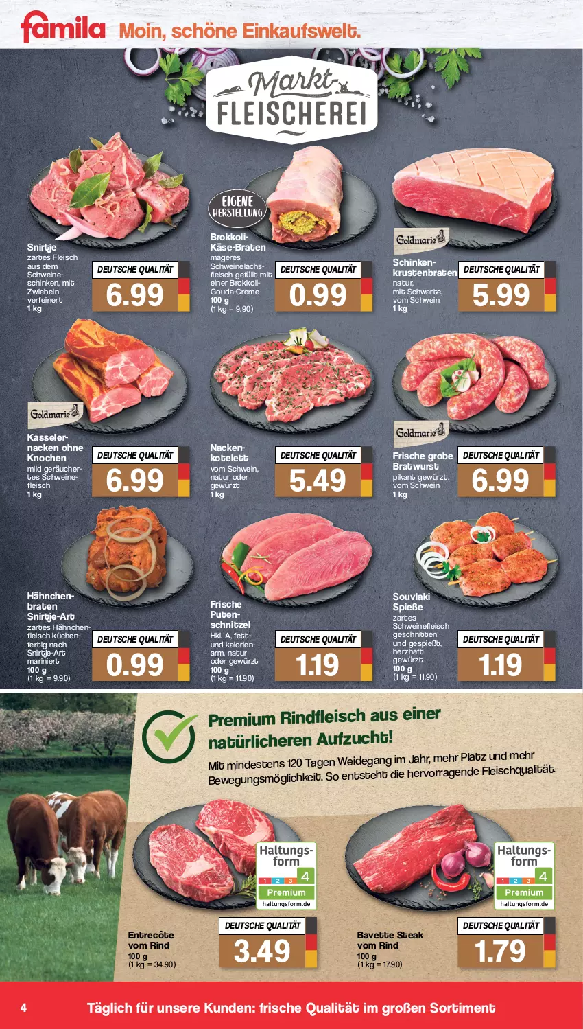 Aktueller Prospekt Famila - Prospekte - von 04.10 bis 08.10.2022 - strona 4 - produkty: braten, bratwurst, brokkoli, creme, eis, entrecôte, fleisch, gewürz, gouda, Käse, kasseler, kotelett, küche, Küchen, lachs, mit zwiebeln, natur, pute, putenschnitzel, rind, rindfleisch, schinken, schnitten, schnitzel, schwein, schweine, schweinefleisch, Schweinelachs, steak, Ti, wein, weine, wurst, zwiebel, zwiebeln