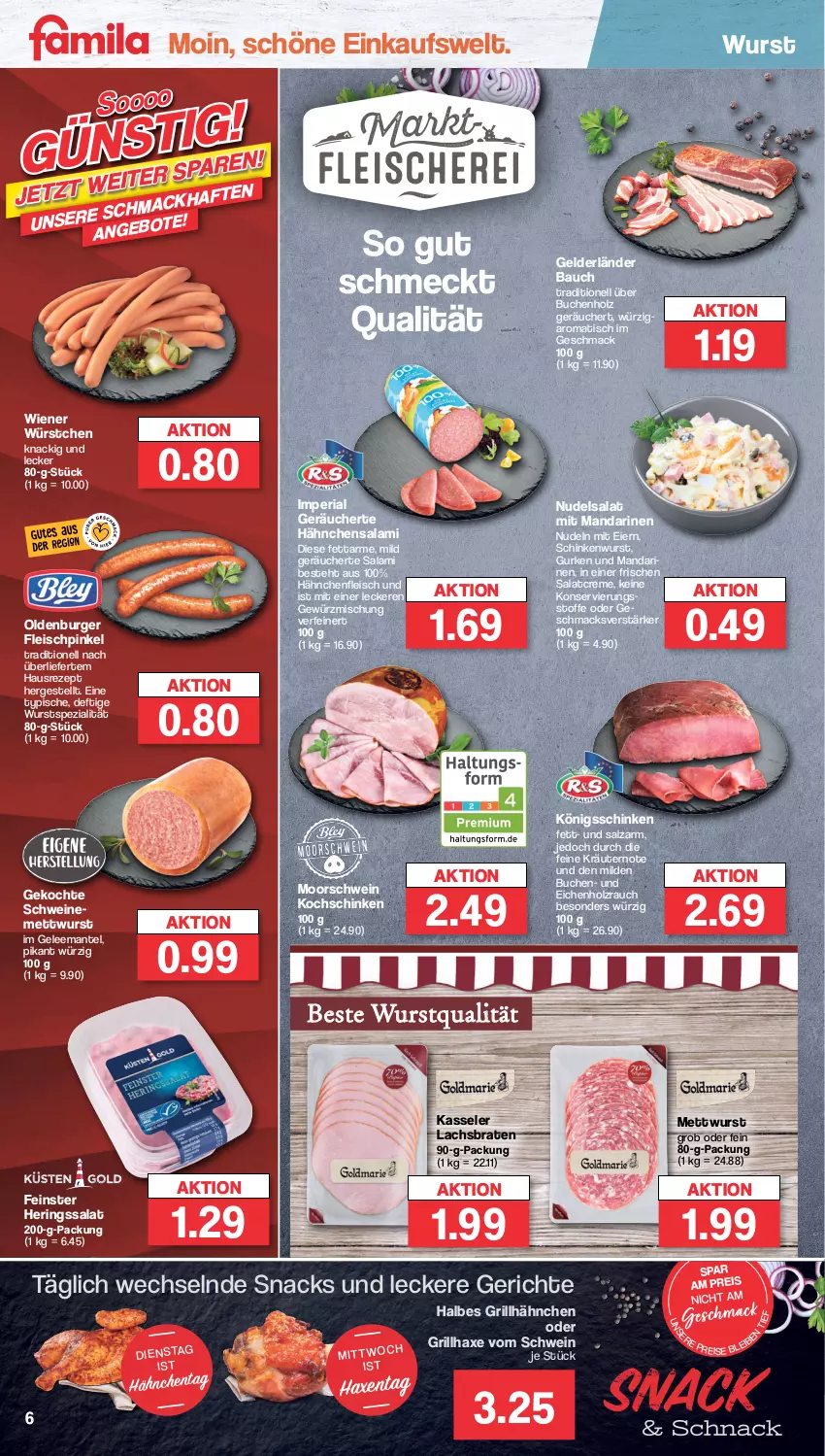 Aktueller Prospekt Famila - Prospekte - von 04.10 bis 08.10.2022 - strona 6 - produkty: axe, Bau, braten, buch, burger, creme, eier, eis, fleisch, gelee, gewürz, Gewürzmischung, grill, grillhähnchen, grillhaxe, gurke, gurken, Hähnchenfleisch, Haxe, hering, Herings, Holz, HP, kasseler, kochschinken, kräuter, kräutern, lachs, Lachsbraten, mac, mandarine, mandarinen, Mantel, Mett, mettwurst, nudel, nudeln, nudelsalat, Rauch, reis, rezept, Ria, ring, salami, salat, salatcreme, salz, schinken, schinkenwurst, schwein, schweine, snack, snacks, Spezi, Ti, tisch, wein, weine, wiener, wiener würstchen, wurst, würstchen