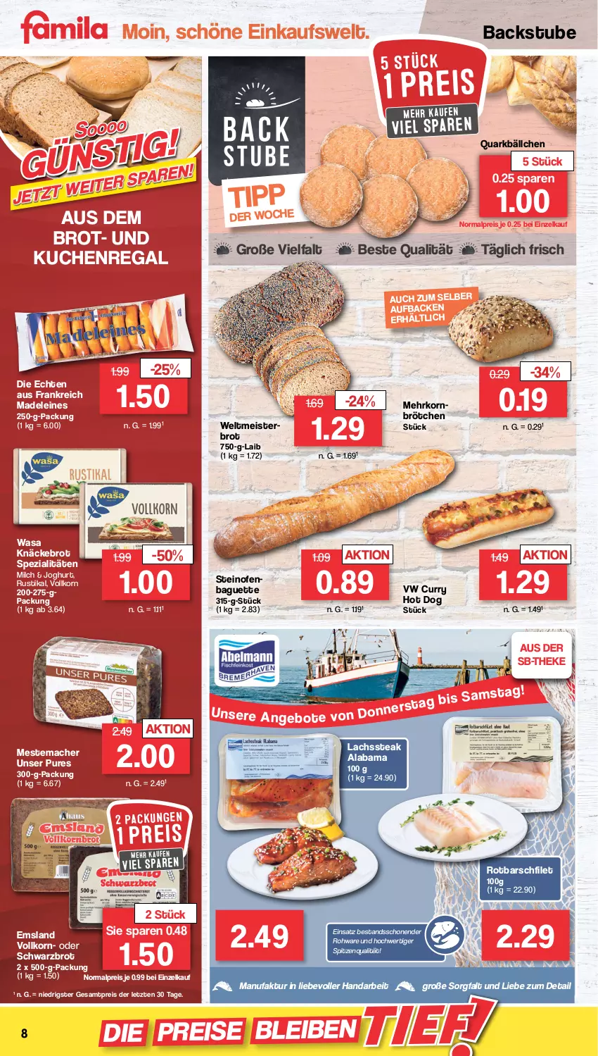 Aktueller Prospekt Famila - Prospekte - von 04.10 bis 08.10.2022 - strona 8 - produkty: baguette, brot, brötchen, curry, eis, Faktu, filet, hot dog, joghur, joghurt, knäckebrot, korn, kuchen, lachs, leine, mac, mehrkornbrötchen, Meister, mestemacher, milch, Ofen, quark, regal, reis, Rotbarsch, rotbarschfilet, Schwarzbrot, Spezi, spitzenqualität, steak, steinofen, stube, Ti, wasa, weltmeisterbrot, ZTE