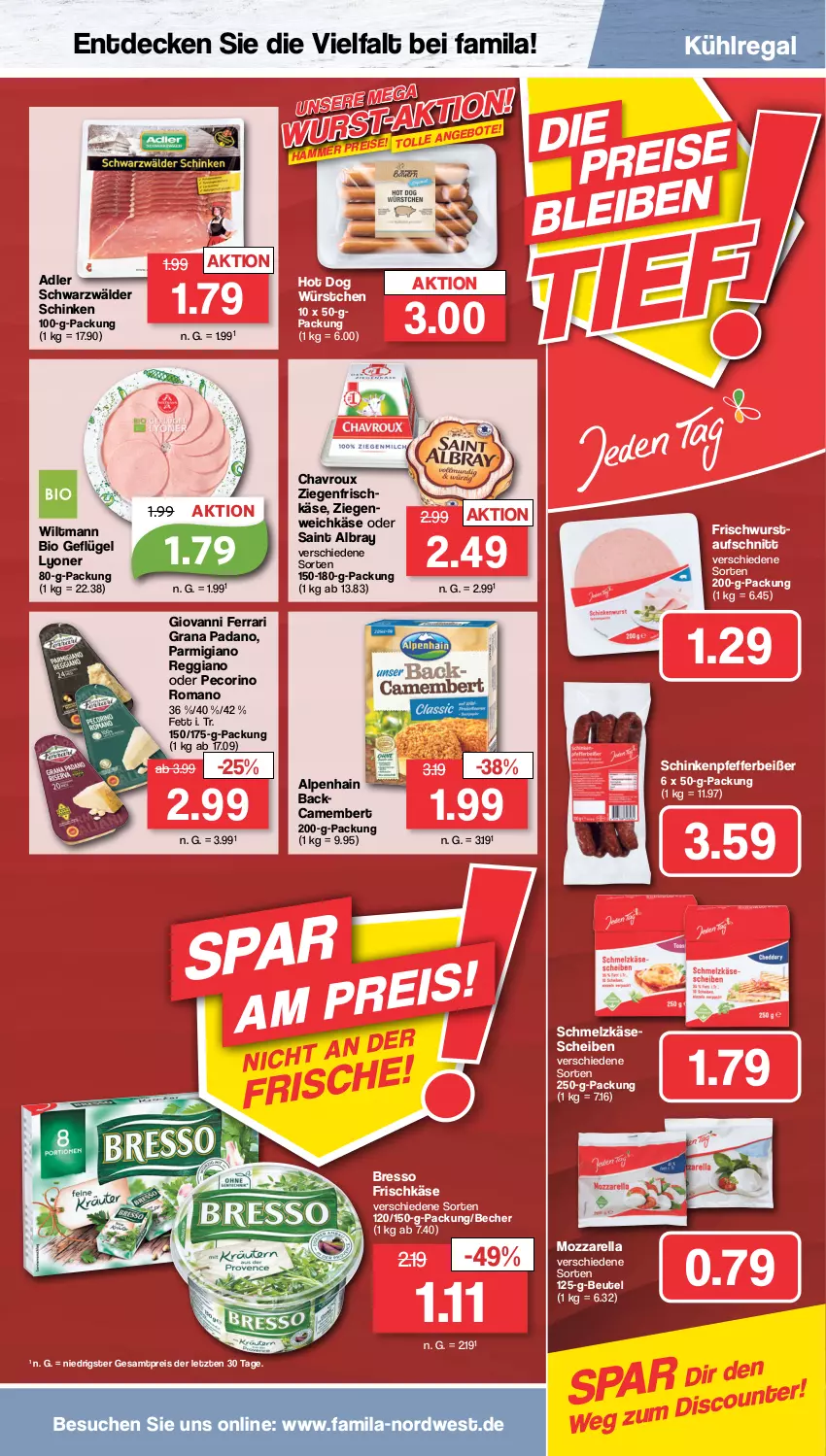 Aktueller Prospekt Famila - Prospekte - von 04.10 bis 08.10.2022 - strona 9 - produkty: albray, Alpenhain, aufschnitt, Becher, beutel, bio, bresso, camembert, chavroux, decke, discount, eis, frischkäse, Geflügel, grana, grana padano, hot dog, Käse, käsescheiben, kühlregal, lyoner, mozzarella, padano, parmigiano, parmigiano reggiano, Pecorino, pfeffer, Pfefferbeißer, Rana, regal, reggiano, reis, rel, saint albray, schinken, Schmelzkäse, schwarzwälder schinken, Ti, weichkäse, wiltmann, wurst, würstchen, Yo, ziegenfrischkäse, ZTE