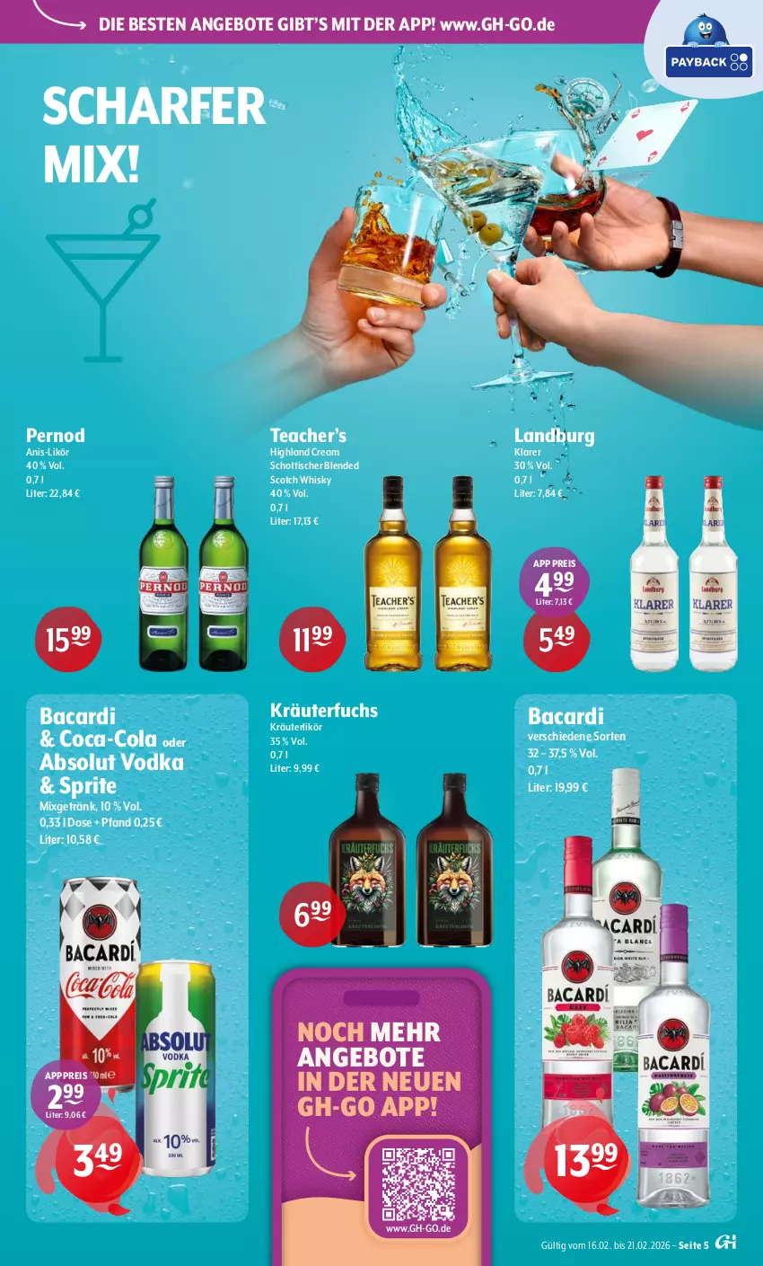 Aktueller Prospekt Getraenke Hoffmann - Prospekte - von 16.02 bis 21.02.2026 - strona 5 - produkty: Absolut Vodka, angebot, angebote, bacardi, blended scotch, blended scotch whisky, coca-cola, cola, eis, getränk, kräuter, kräuterlikör, likör, Mixgetränk, reis, schott, scotch, scotch whisky, sprite, Ti, tisch, vodka, whisky
