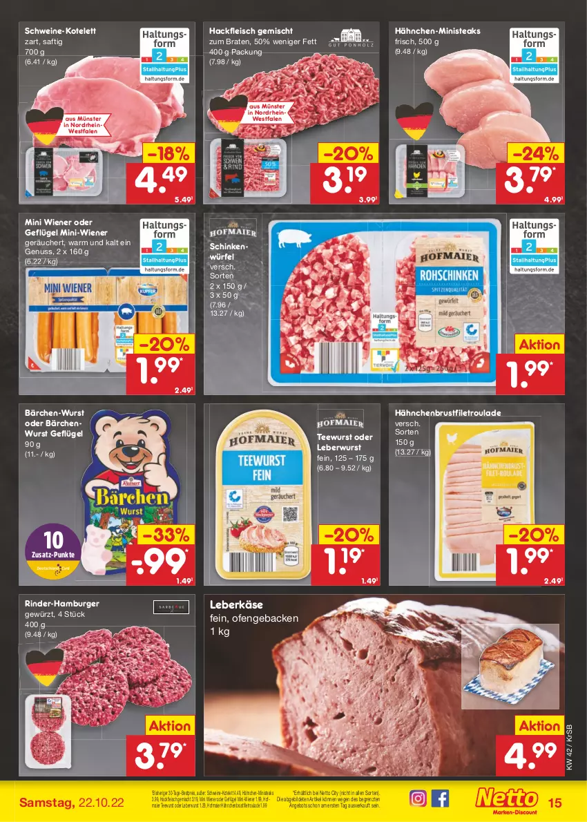 Aktueller Prospekt Netto Marken-Discount - Filial-Angebote - von 17.10 bis 22.10.2022 - strona 15 - produkty: angebot, bestpreis, braten, brustfilet, burger, eis, filet, fleisch, geback, Geflügel, gewürz, hackfleisch, hackfleisch gemischt, hähnchenbrust, hähnchenbrustfilet, hamburger, Käse, kotelett, leberkäs, leberkäse, leberwurst, nuss, Ofen, reis, rind, rinder, saft, schinken, schwein, schweine, steak, steaks, tee, teewurst, Ti, wein, weine, wiener, würfel, wurst, ZTE