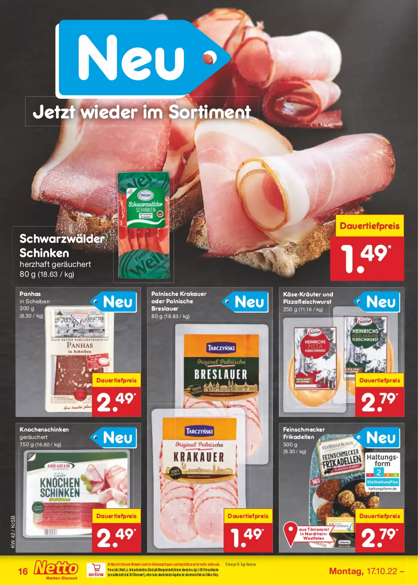 Aktueller Prospekt Netto Marken-Discount - Filial-Angebote - von 17.10 bis 22.10.2022 - strona 16 - produkty: auer, bestpreis, dauertiefpreis, dell, eis, elle, feinschmecker, fleisch, fleischwurst, frikadellen, Käse, krakauer, kräuter, ndk, pizza, reis, schinken, schwarzwälder schinken, Ti, tiefpreis, versandkostenfrei, wurst