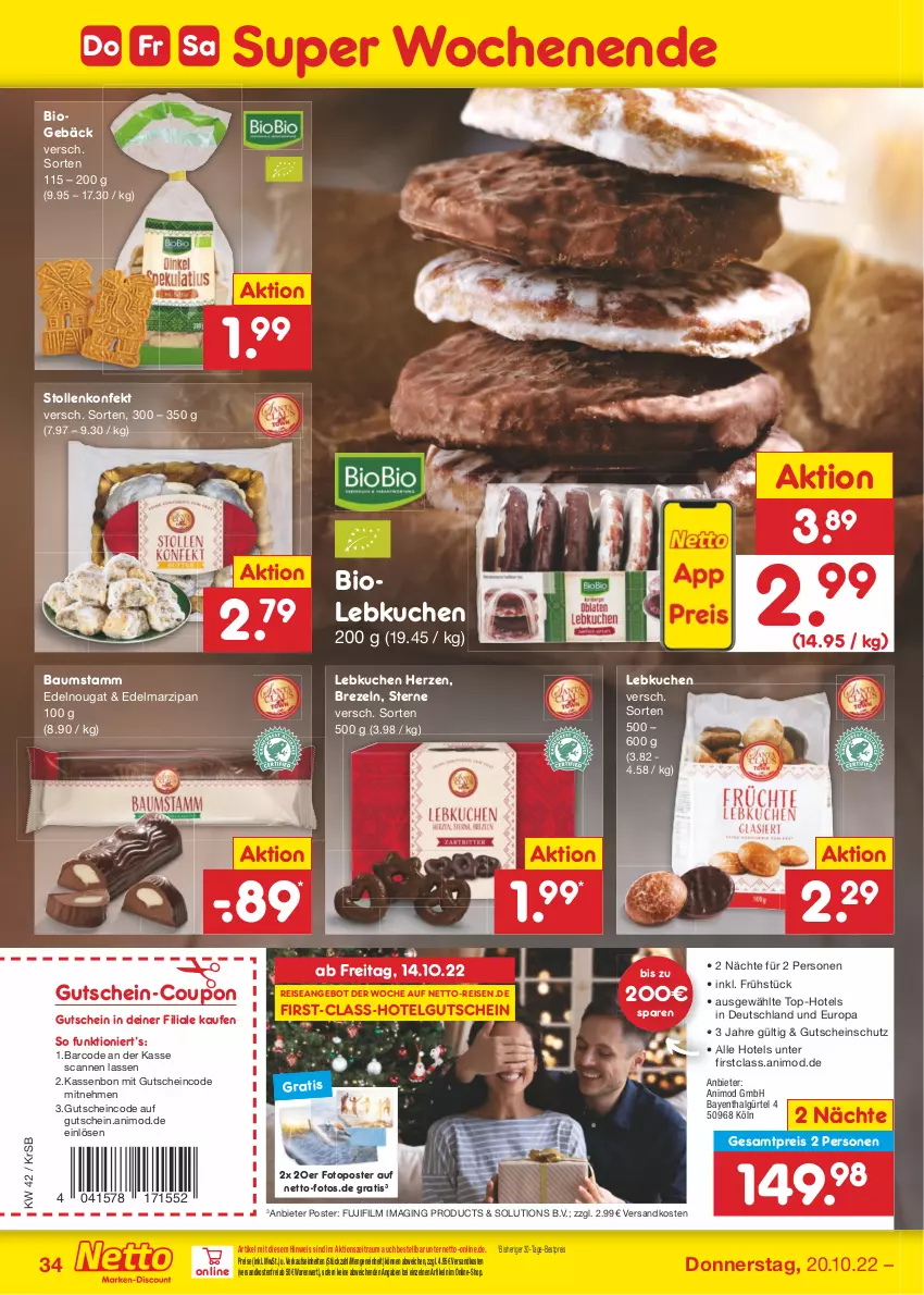 Aktueller Prospekt Netto Marken-Discount - Filial-Angebote - von 17.10 bis 22.10.2022 - strona 34 - produkty: angebot, Bau, bestpreis, bio, brezel, Brezeln, coupon, Edelmarzipan, eis, gin, gutschein, kuchen, Lebkuchen, LG, marzipan, ndk, reis, Stollen, Ti, versandkostenfrei