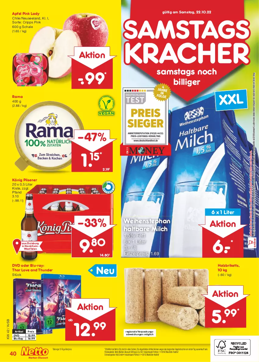 Aktueller Prospekt Netto Marken-Discount - Filial-Angebote - von 17.10 bis 22.10.2022 - strona 40 - produkty: angebot, angebote, apfel, bestpreis, blu-ray, briketts, discount, dvd, eis, Elan, haltbare milch, Holz, Holzbriketts, könig pilsener, kracher, marken-discount, milch, ndk, pils, pilsener, Pink Lady, rama, reis, Schal, Schale, Ti, versandkostenfrei, weihenstephan, ZTE