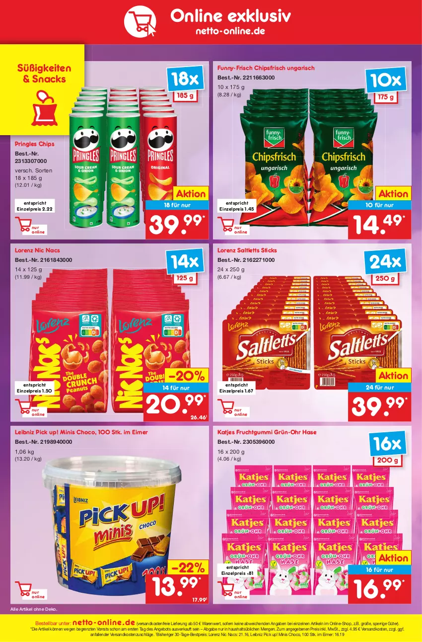 Aktueller Prospekt Netto Marken-Discount - Filial-Angebote - von 17.10 bis 22.10.2022 - strona 42 - produkty: angebot, bestpreis, chips, chipsfrisch, eimer, eis, frucht, fruchtgummi, funny-frisch, katjes, leibniz, lorenz, ndk, Pick Up!, pringles, reis, ring, saltletts, snack, snacks, Ti, versandkostenfrei, ZTE