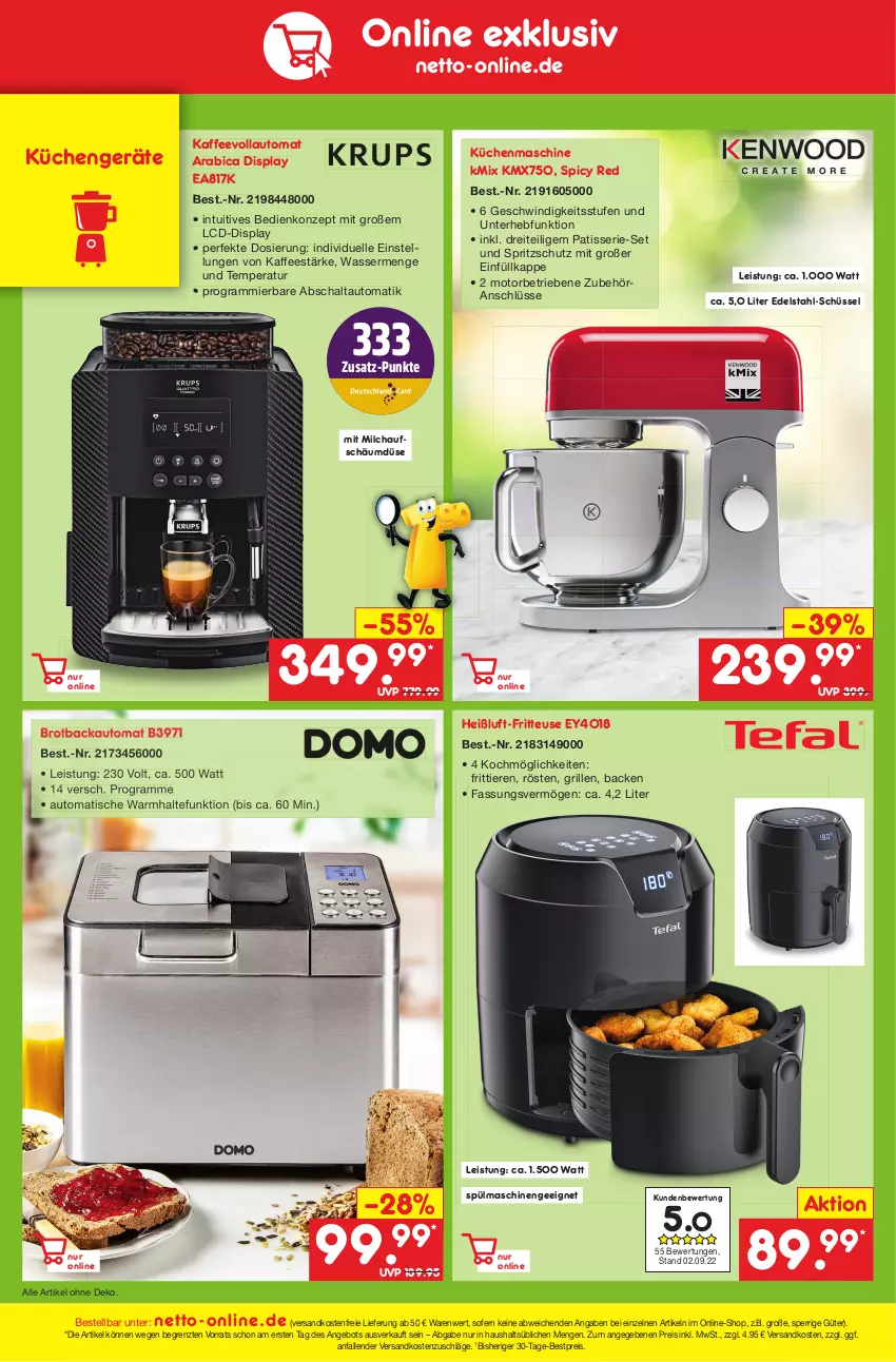 Aktueller Prospekt Netto Marken-Discount - Filial-Angebote - von 17.10 bis 22.10.2022 - strona 44 - produkty: angebot, auto, bestpreis, brot, Brotbackautomat, edelstahl, eis, elle, fritteuse, grill, kaffee, kaffeevollautomat, küche, Küchen, küchenmaschine, milch, ndk, reis, Schal, schüssel, Spritzschutz, spülmaschinen, Ti, Tiere, tisch, versandkostenfrei, wasser, ZTE