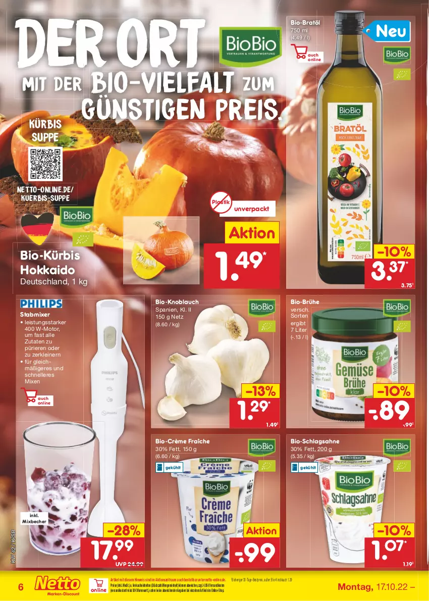 Aktueller Prospekt Netto Marken-Discount - Filial-Angebote - von 17.10 bis 22.10.2022 - strona 6 - produkty: asti, Becher, bestpreis, bio, Brühe, crème fraîche, eis, elle, knoblauch, Kürbis, leine, Mixer, ndk, reis, rezept, sahne, schlagsahne, stabmixer, suppe, Ti, versandkostenfrei