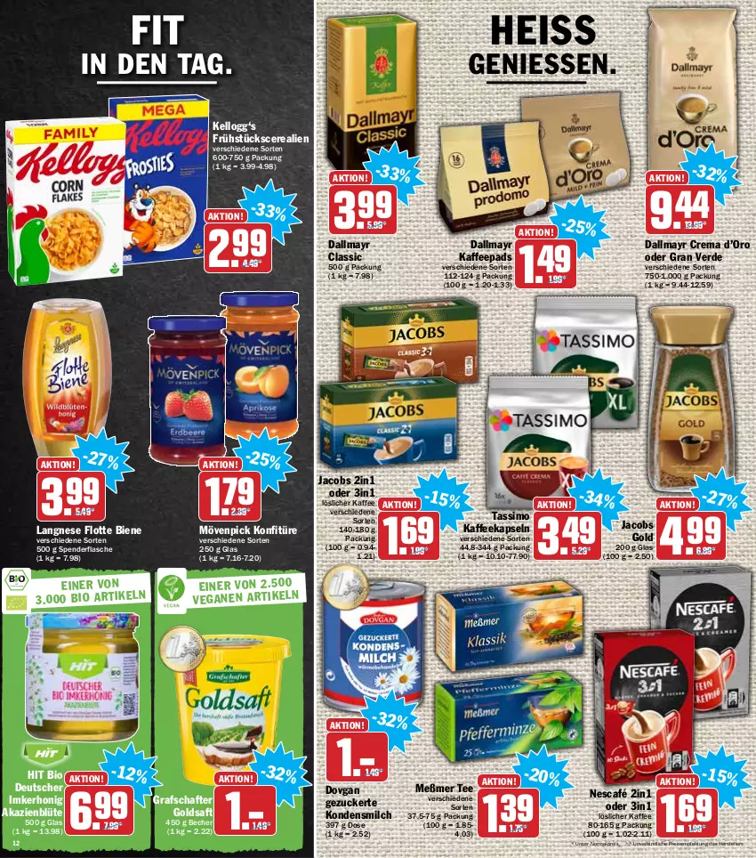 Aktueller Prospekt Hit - Prospekte - von 14.02 bis 19.02.2022 - strona 12 - produkty: Becher, bio, Blüte, cerealien, dallmayr, dovgan, eis, elle, erde, flasche, goldsaft, grafschafter, honig, jacobs, Jacobs Gold, kaffee, kaffeekapseln, kaffeepads, Kellogg‘s, kondensmilch, konfitüre, langnese, löslicher kaffee, Meßmer, milch, mövenpick, Nescafé, reis, saft, sim, tassimo, tee, teller, Ti, zucker