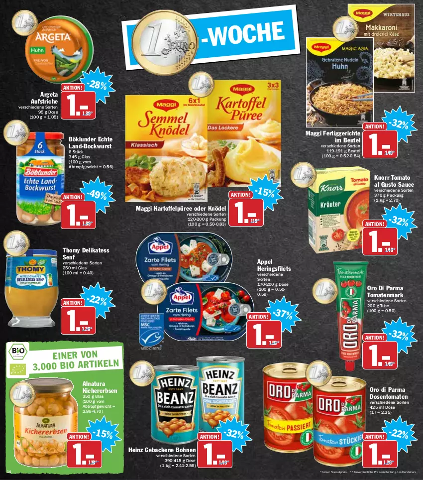 Aktueller Prospekt Hit - Prospekte - von 14.02 bis 19.02.2022 - strona 14 - produkty: aufstrich, beutel, bockwurst, bohne, bohnen, böklunder, delikatess senf, eis, elle, erbsen, fertiggericht, fertiggerichte, filet, filets, geback, heinz, hering, Herings, heringsfilets, kartoffel, Kartoffelpüree, kichererbsen, Knödel, knorr, maggi, natur, natura, oro di parma, püree, reis, ring, sauce, senf, teller, thomy, Ti, tomate, tomaten, tomatenmark, tomato al gusto, wurst