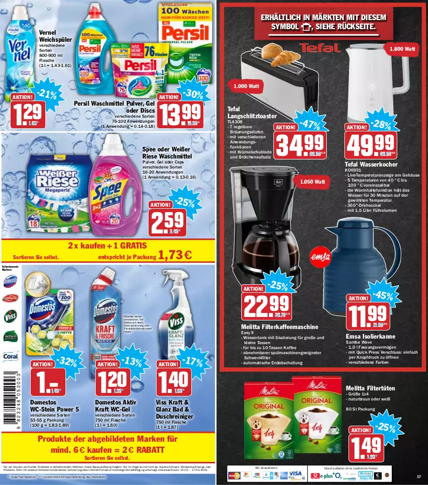 Aktueller Prospekt Hit - Prospekte - von 14.02 bis 19.02.2022 - strona 17 - produkty: auto, Bad, bio, braun, Brei, brötchen, brötchenaufsatz, Cap, coupon, domestos, eis, elle, emsa, filterkaffee, flasche, gin, isolierkanne, kaffee, kaffeemaschine, Kocher, kraft, leine, melitta, natur, persil, persil waschmittel, Rauch, reiniger, reis, rwe, Schal, spee, spülmaschinen, tasse, tefal, teller, Ti, Tiere, tisch, toast, toaster, Tüte, vernel, waschmittel, wasser, wasserkocher, wassertank, wc-gel, weichspüler