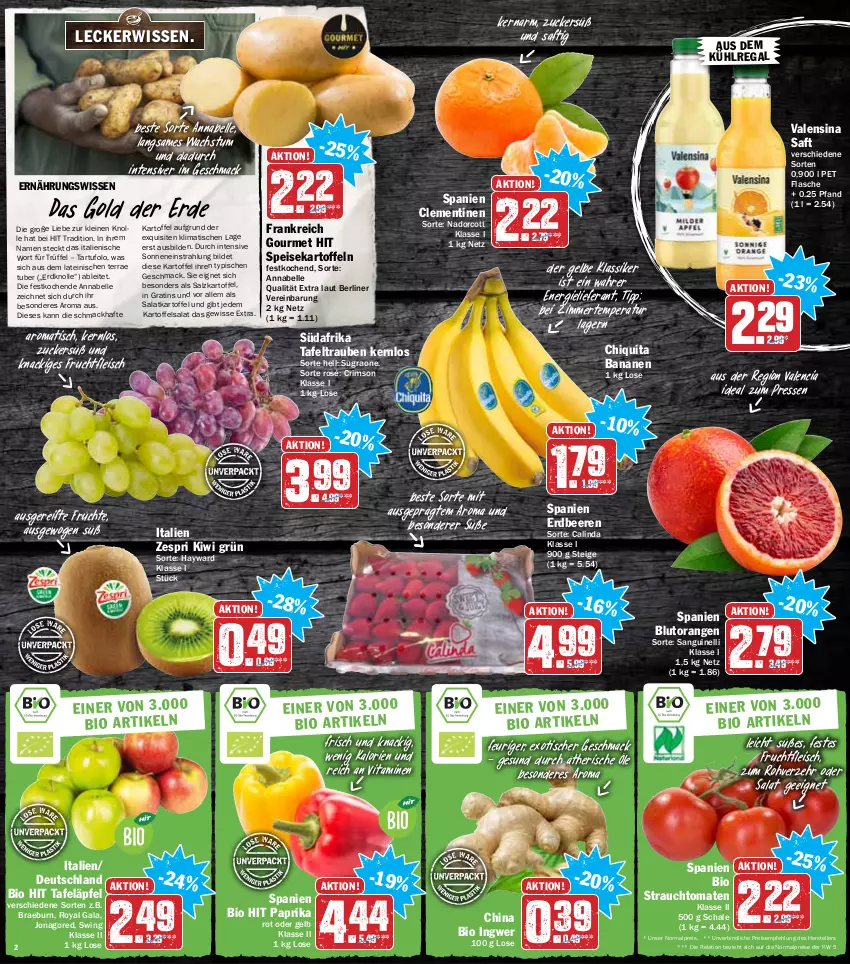 Aktueller Prospekt Hit - Prospekte - von 14.02 bis 19.02.2022 - strona 2 - produkty: aus dem kühlregal, banane, bananen, beere, beeren, berliner, bio, bio hit, Blutorange, chiquita, clementinen, eis, elle, erdbeere, erdbeeren, erde, flasche, fleisch, frucht, früchte, fruchtfleisch, gsw, ingwer, jonagored, kartoffel, kartoffeln, kartoffelsalat, kiwi, kühlregal, leine, mac, orange, orangen, paprika, paprika rot, Rauch, regal, reis, rel, saft, salat, salz, Schal, Schale, speisekartoffeln, strauchtomaten, tafeläpfel, tafeltrauben, Tartufo, teller, Ti, tisch, tomate, tomaten, trauben, Trüffel, usb, valensina, vita, Vitamine, zespri, zucker