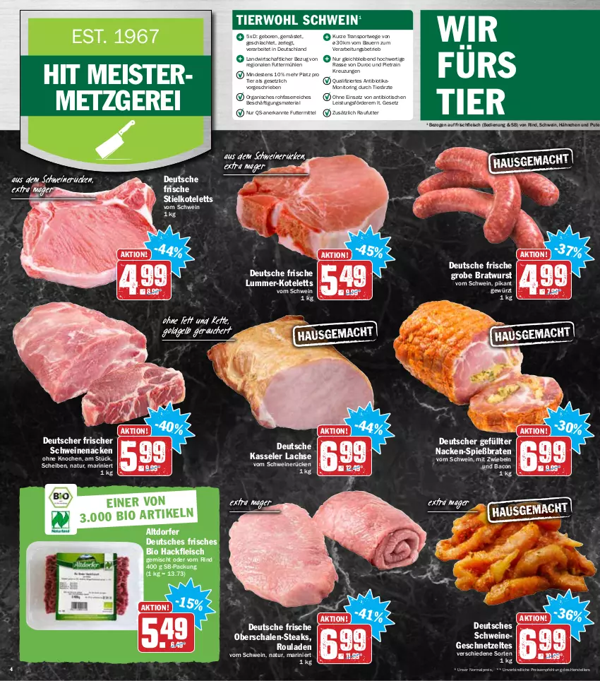 Aktueller Prospekt Hit - Prospekte - von 14.02 bis 19.02.2022 - strona 4 - produkty: auer, bacon, bio, braten, bratwurst, eis, elle, fleisch, geschnetzeltes, gewürz, grobe bratwurst, hackfleisch, hackfleisch gemischt, kasseler, Kette, kotelett, lachs, Meister, mit zwiebeln, monitor, natur, pute, reis, Ria, rind, ring, rouladen, Schal, Schale, schwein, schweine, schweinenacken, schweinerücken, Sport, steak, steaks, teller, Ti, tisch, wein, weine, wurst, Zelt, ZTE, zwiebel, zwiebeln