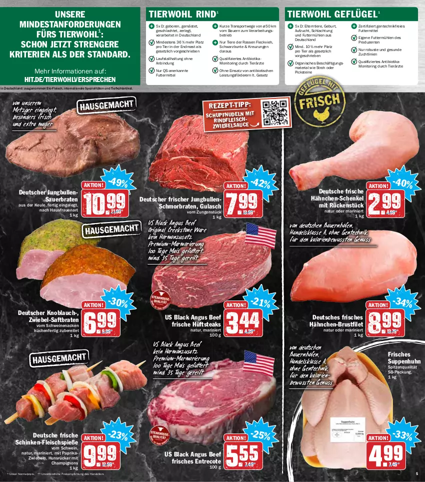 Aktueller Prospekt Hit - Prospekte - von 14.02 bis 19.02.2022 - strona 5 - produkty: auer, Bau, Bauer, beef, bio, braten, brustfilet, champignon, champignons, eis, elle, ente, filet, fleisch, Fleischspieße, Frische Hähnchen, Geflügel, gin, gulasch, hähnchen-brustfilet, hähnchen-schenkel, henkel, hüftsteak, hüftsteaks, jungbullen, knoblauch, küche, Küchen, lack, mais, mit paprika, monitor, natur, nudel, nudeln, nuss, paprika, reis, Ria, rind, rindfleisch, ring, saft, sauce, schenkel, schinken, schmorbraten, schwein, schweine, schweinenacken, Spezi, spitzenqualität, Sport, steak, steaks, suppe, suppen, Suppenhuhn, teller, Ti, Tiere, tisch, vom schweinenacken, wein, weine, ZTE, zwiebel, zwiebeln