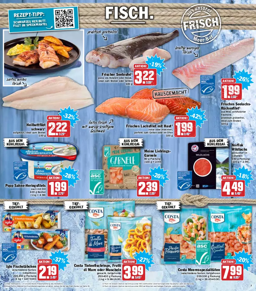 Aktueller Prospekt Hit - Prospekte - von 14.02 bis 19.02.2022 - strona 7 - produkty: aqua, aus dem kühlregal, Becher, braten, eis, elle, filet, filets, fisch, fische, Fischer, fischstäbchen, fleisch, frischfisch, frutti di mare, grill, Heilbuttfilet, hering, Herings, heringsfilets, ideal zum braten, iglo, kotelett, kühlregal, lachs, lachsfilet, mac, Muscheln, natur, Ofen, Popp, regal, reis, ring, sahne, Schere, Speck, Spezi, steak, teller, Ti, Tintenfischringe, tisch, Wild, wildlachs