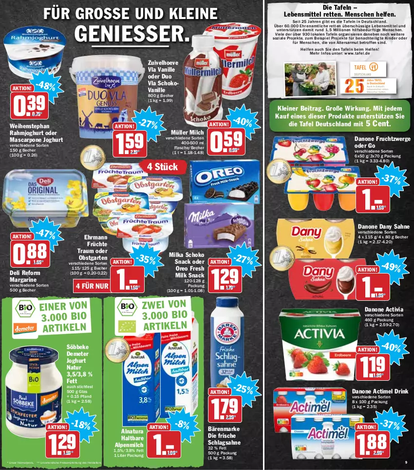 Aktueller Prospekt Hit - Prospekte - von 14.02 bis 19.02.2022 - strona 9 - produkty: actimel, actimel drink, activia, alpenmilch, bärenmarke, Becher, danone, danone actimel drink, danone activia, danone fruchtzwerge, Dany, dany sahne, deli reform, drink, ehrmann, eis, elle, flasche, frucht, früchte, fruchtzwerge, Garten, joghur, joghurt, Kinder, lebensmittel, leine, lion, margarine, mascarpone, milch, milka, Müller, natur, natura, obst, obstgarten, oreo, rahmjoghurt, reis, sahne, schlagsahne, schoko, snack, söbbeke, teller, Ti, vanille, weihenstephan