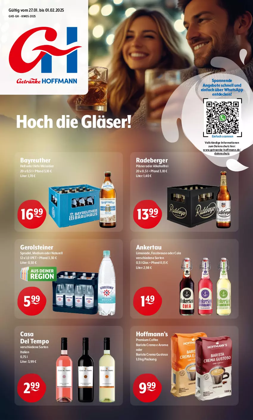 Aktueller Prospekt Getraenke Hoffmann - Prospekte - von 27.01 bis 01.02.2025 - strona 1 - produkty: alkohol, angebot, angebote, Berger, bier, brause, cola, decke, eis, fassbrause, gerolsteine, gerolsteiner, Gläser, Hefe, limo, limonade, natur, pils, pilsner, radeberger, rel, Sprudel, steiner, Tempo, Ti, weissbier