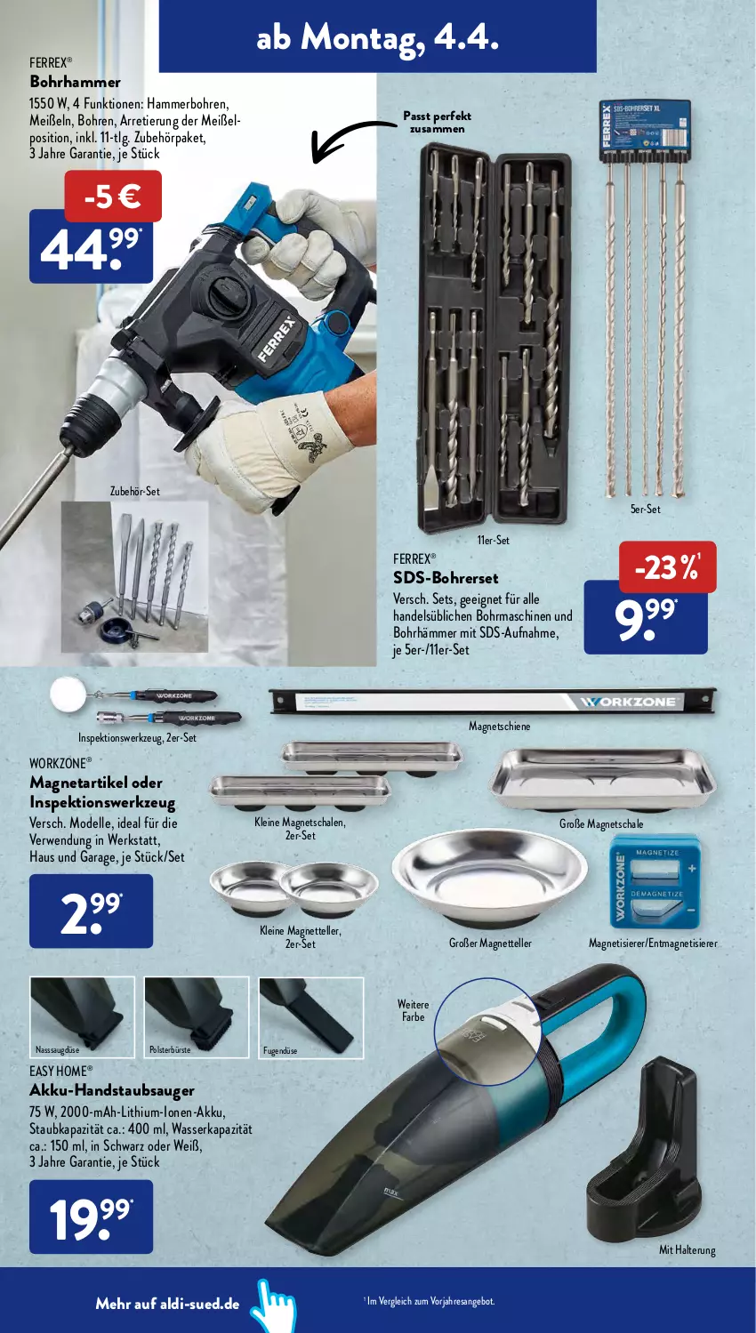 Aktueller Prospekt AldiSud - ALDI Aktuell - von 04.04 bis 09.04.2022 - strona 10 - produkty: akku, akku-handstaubsauger, aldi, angebot, Bohrerset, Bohrhammer, bürste, dell, elle, ferrex, handstaubsauger, leine, LG, Magnets, Mode, resa, rwe, Schal, Schale, staubsauger, teller, Ti, wasser, werkzeug